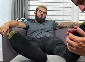 Bearded stud foot worshipped and docile by handsome friend