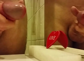 Jerking off on a heart shaped love, cumshot trillions of cum from a broad in the beam bushwa by an handjob.