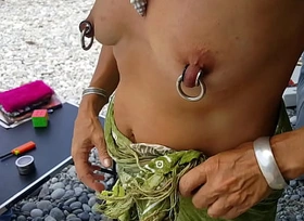 nippleringlover hot mom topless in the altogether beach spreading pierced pussy wide open see through big pierced nipples hot ass