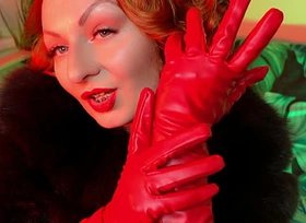 red gloves fetish tease and seduce video - leather and fur ASMR clip with hot sounding