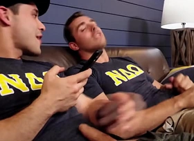 Straight frat boys jerk off able-bodied lady-love together