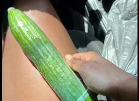 Hot Ebony Fucks Cucumber in parking middle