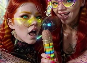Strange double blowjob wits two ginger AI tandem dolls