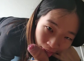Cute asian babe sucks her BF's white cock with an increment of takes a facial POV