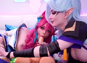 Ahri and Vayne with fake male host and enormous toys