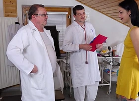 Hurtful shrew Sharlotte Thorne examined and made to cum by 2 perverted doctors