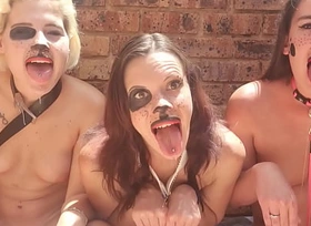 Three naked panting whores constantly drooling as they stick their tongues out XXX at a loss for words plus smell each other